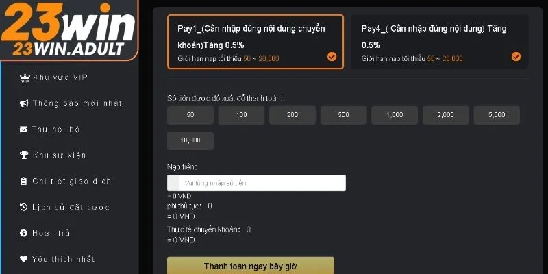 Phương thức nạp tiền 23WIN bằng ví điện tử hiệu quả
